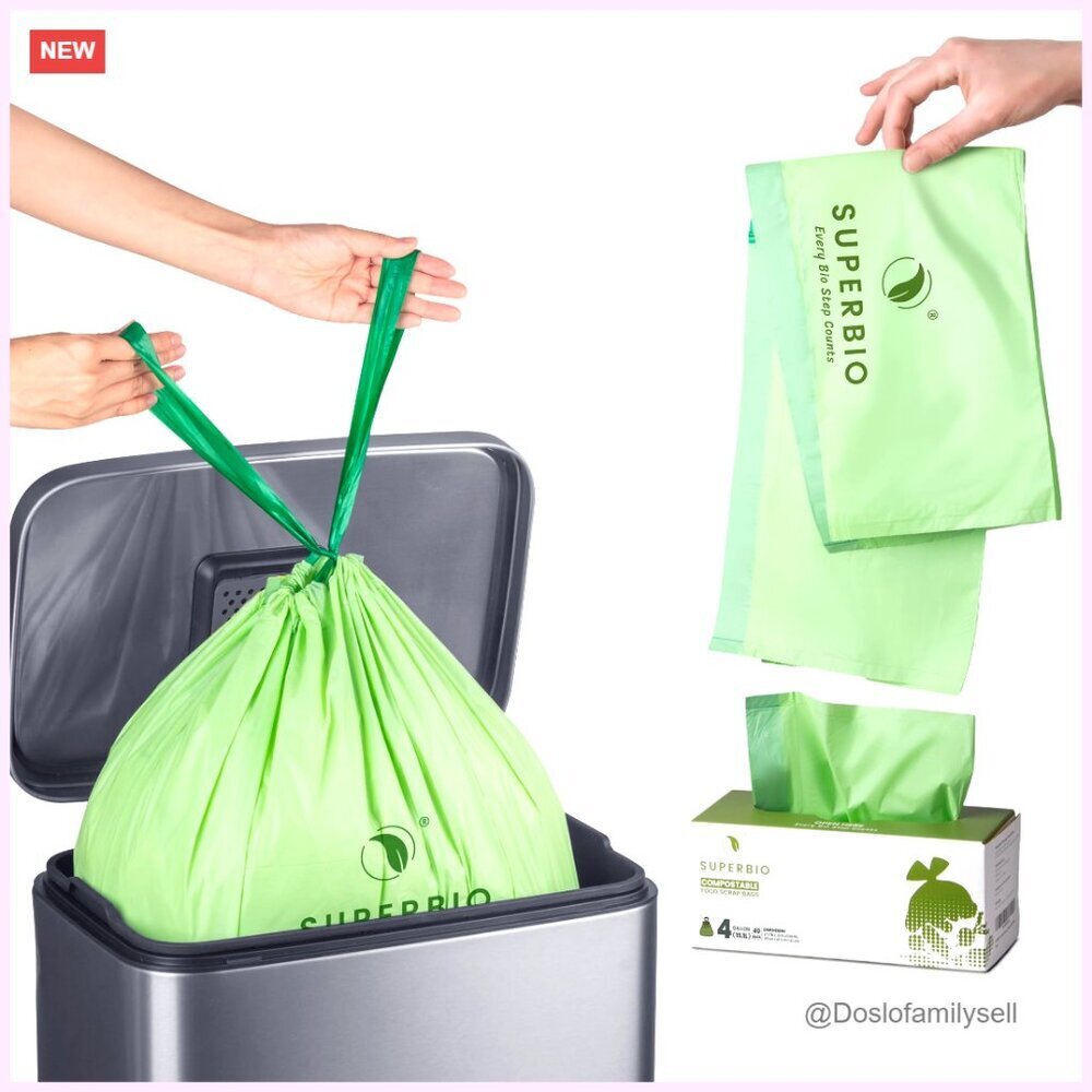 4 Gallon Compostable Drawstring Food Scrap Bags, 40 Count, Heavy Duty